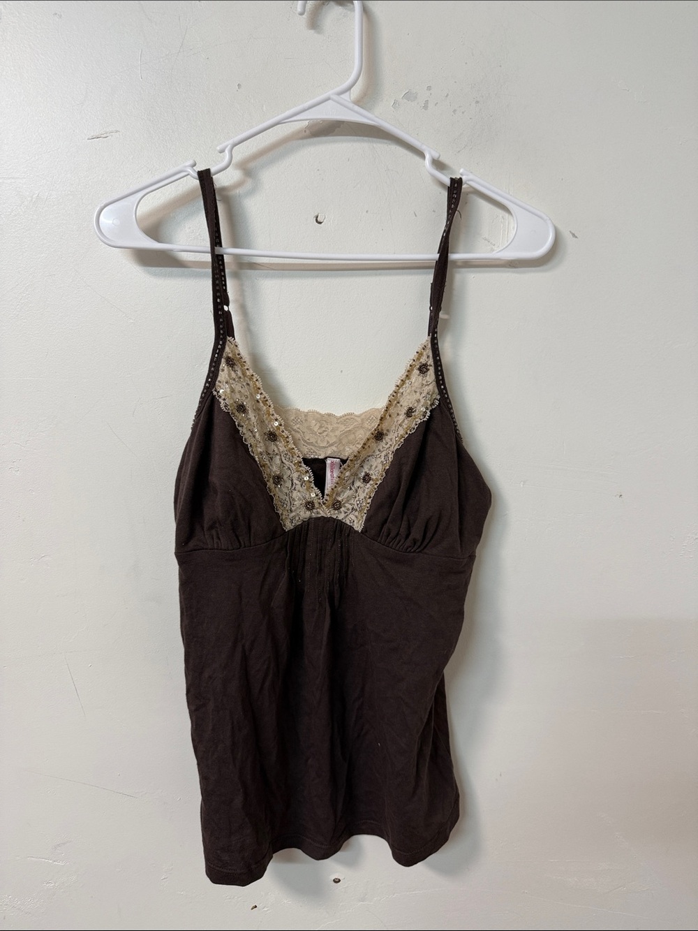 Xhilaration Brown Tank Top with Cream Lace Trim Y2K